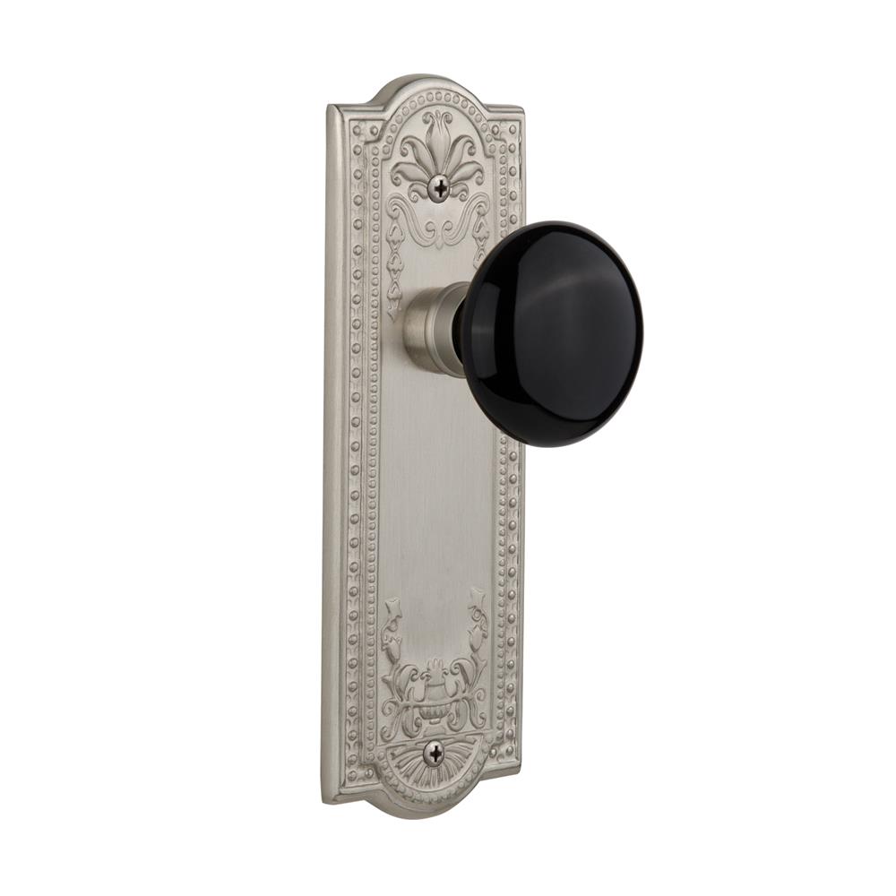 Nostalgic Warehouse MEABLK Single Dummy Meadows Plate with Black Porcelain Knob without Keyhole in Satin Nickel